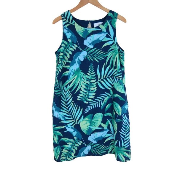 28 PALMS Women's 100% Linen Dress Green Tropical Leaves on Blue Shift Size M - Picture 1 of 8